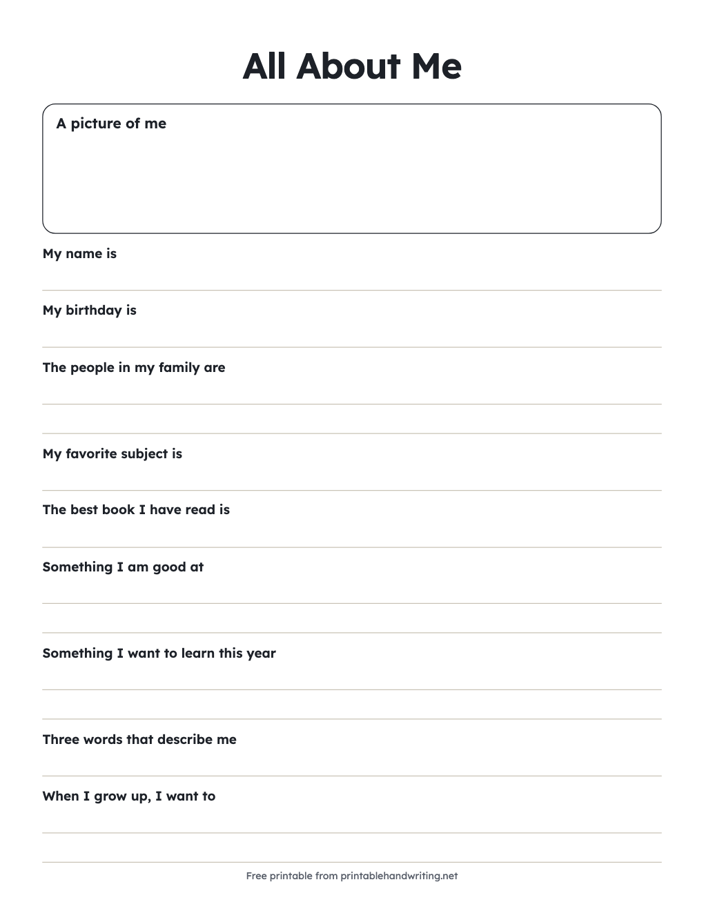 All About Me: Grades 3–5: free printable chart