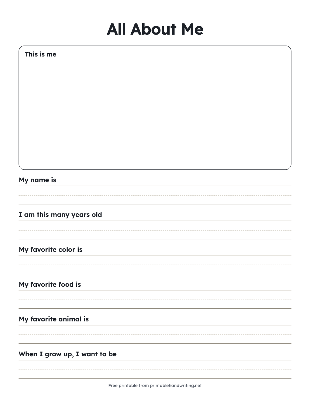 All About Me: K–2, with handwriting lines: free printable chart