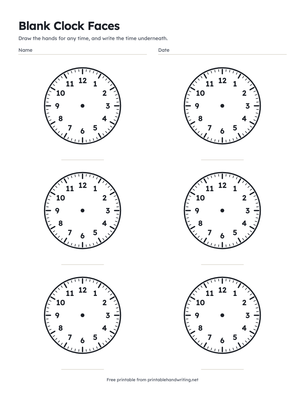 Blank Clock Faces: free printable chart