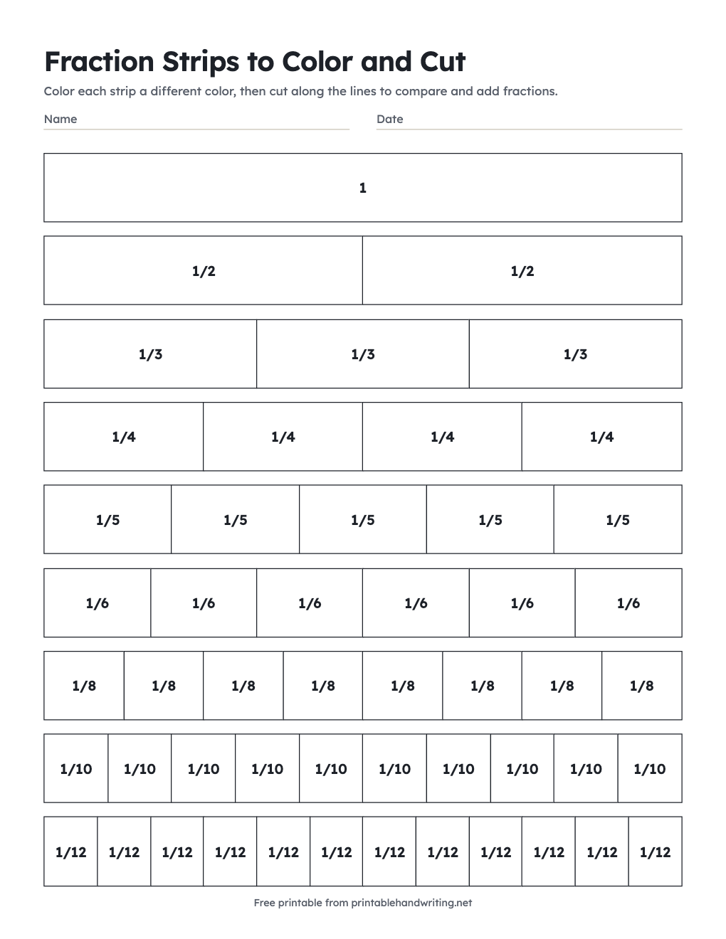 Fraction Strips to Color and Cut: free printable chart