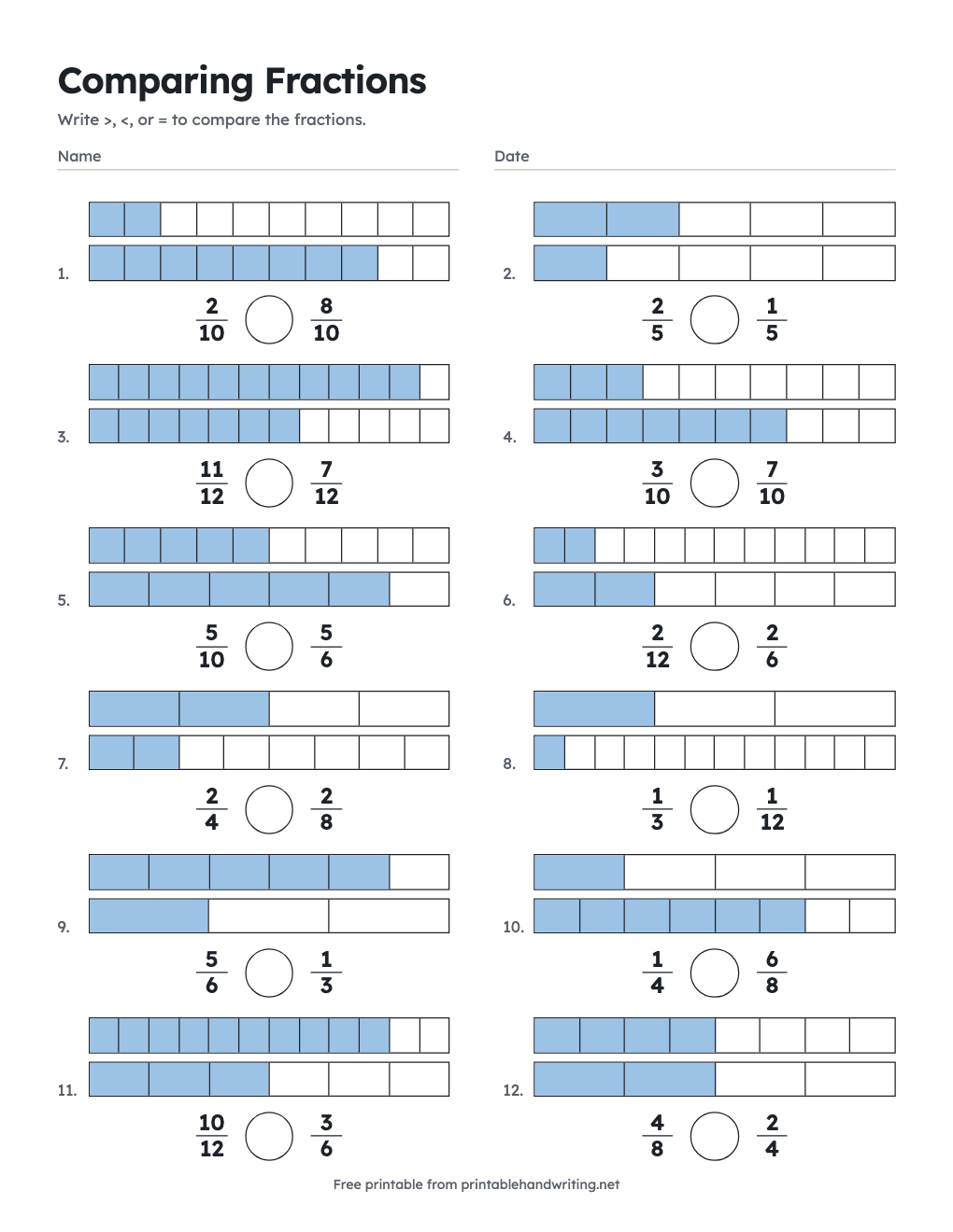 Comparing Fractions: free printable chart