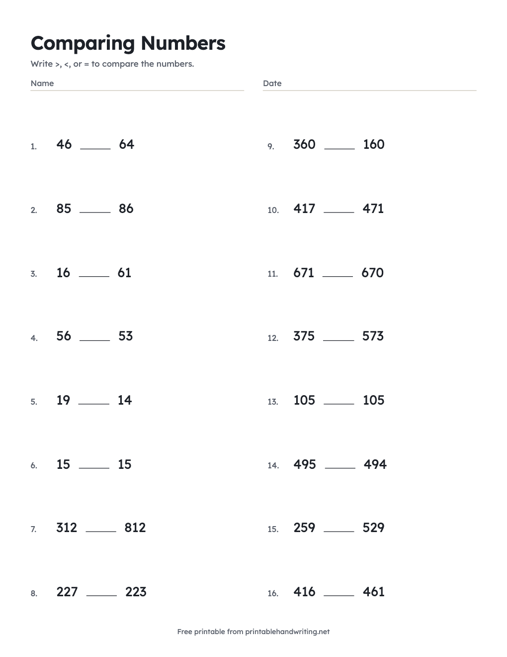 Comparing Numbers: free printable chart