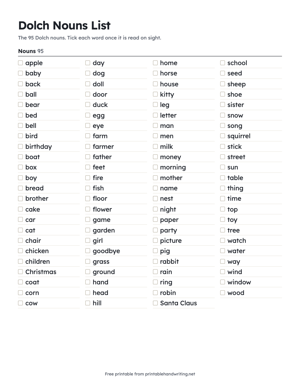 Dolch Nouns List: free printable chart