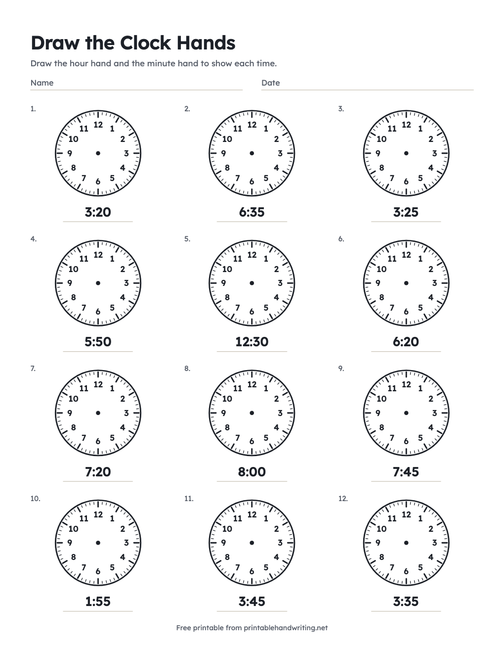 Draw the Clock Hands: free printable chart