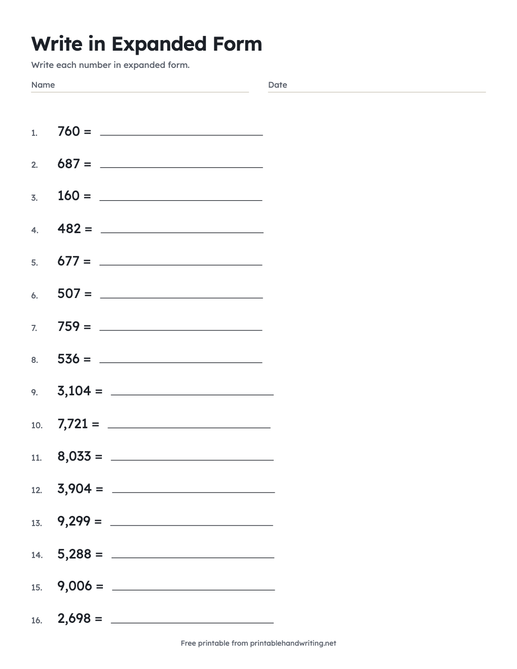 Write in Expanded Form: free printable chart