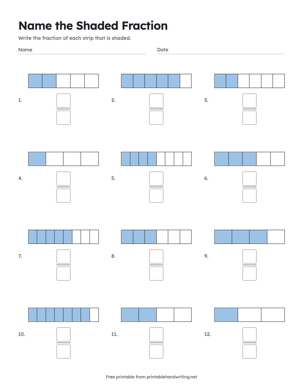 Name the Shaded Fraction: free printable chart
