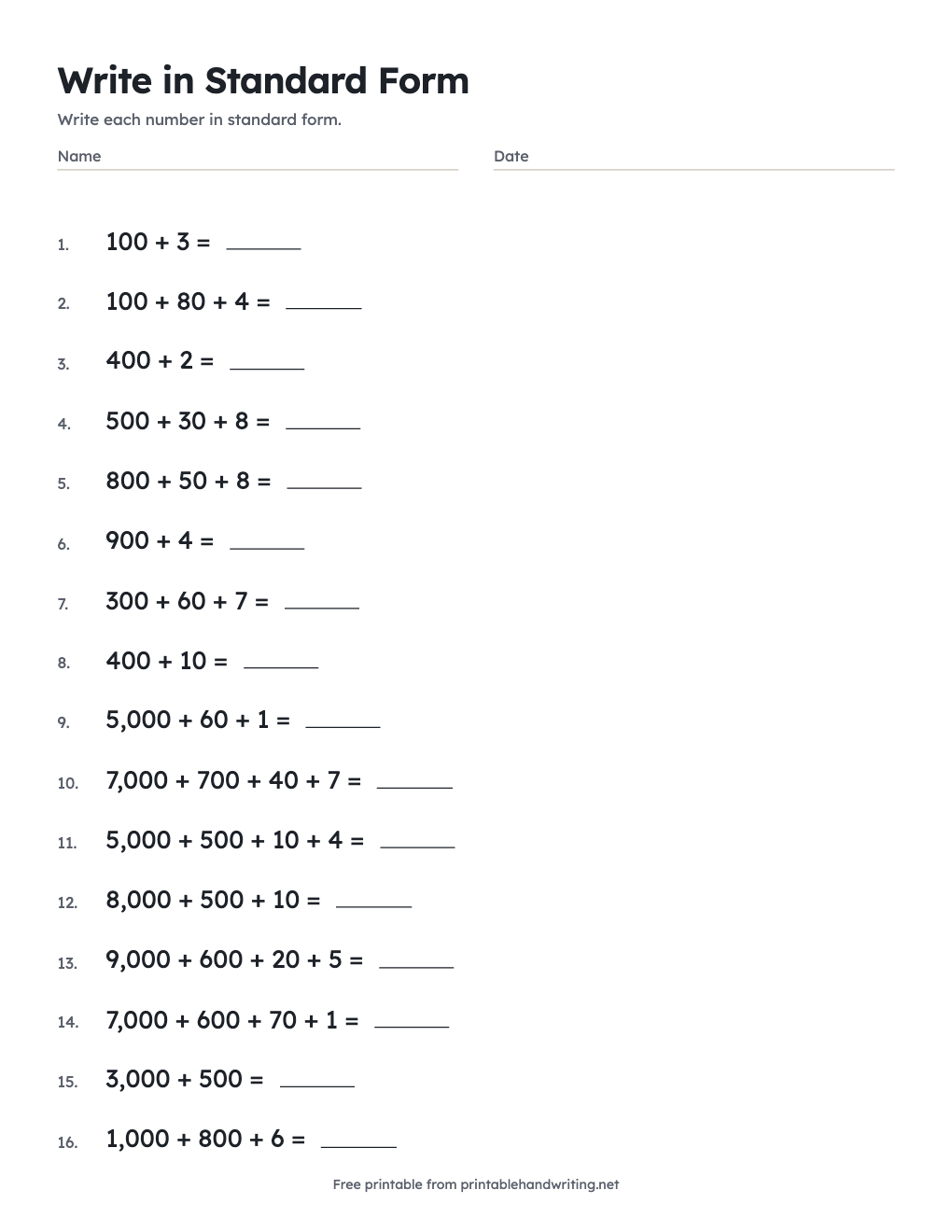 Write in Standard Form: free printable chart