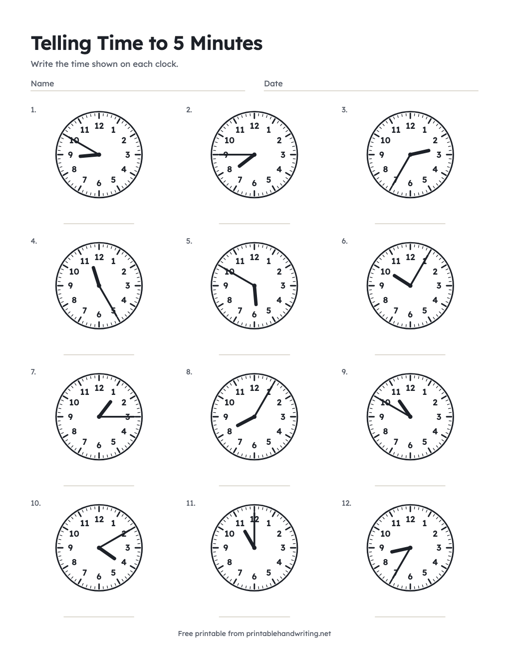 Telling Time to 5 Minutes: free printable chart