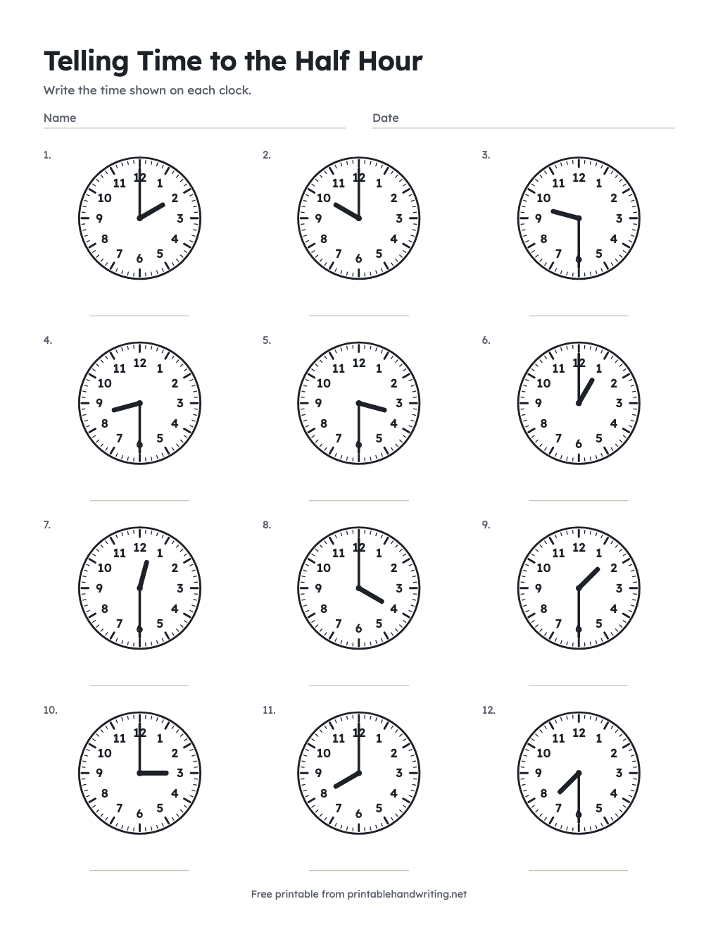 Telling Time to the Half Hour: free printable chart