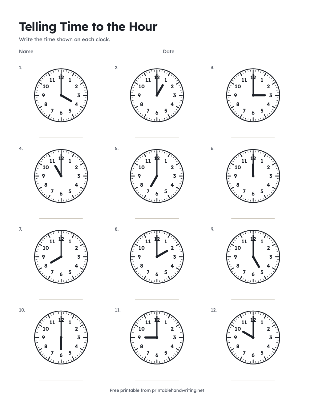 Telling Time to the Hour: free printable chart