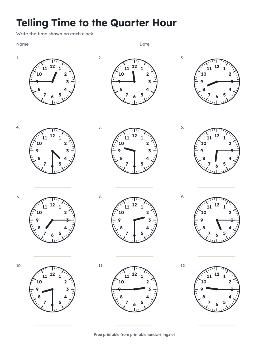 Telling Time to the Quarter Hour: free printable chart