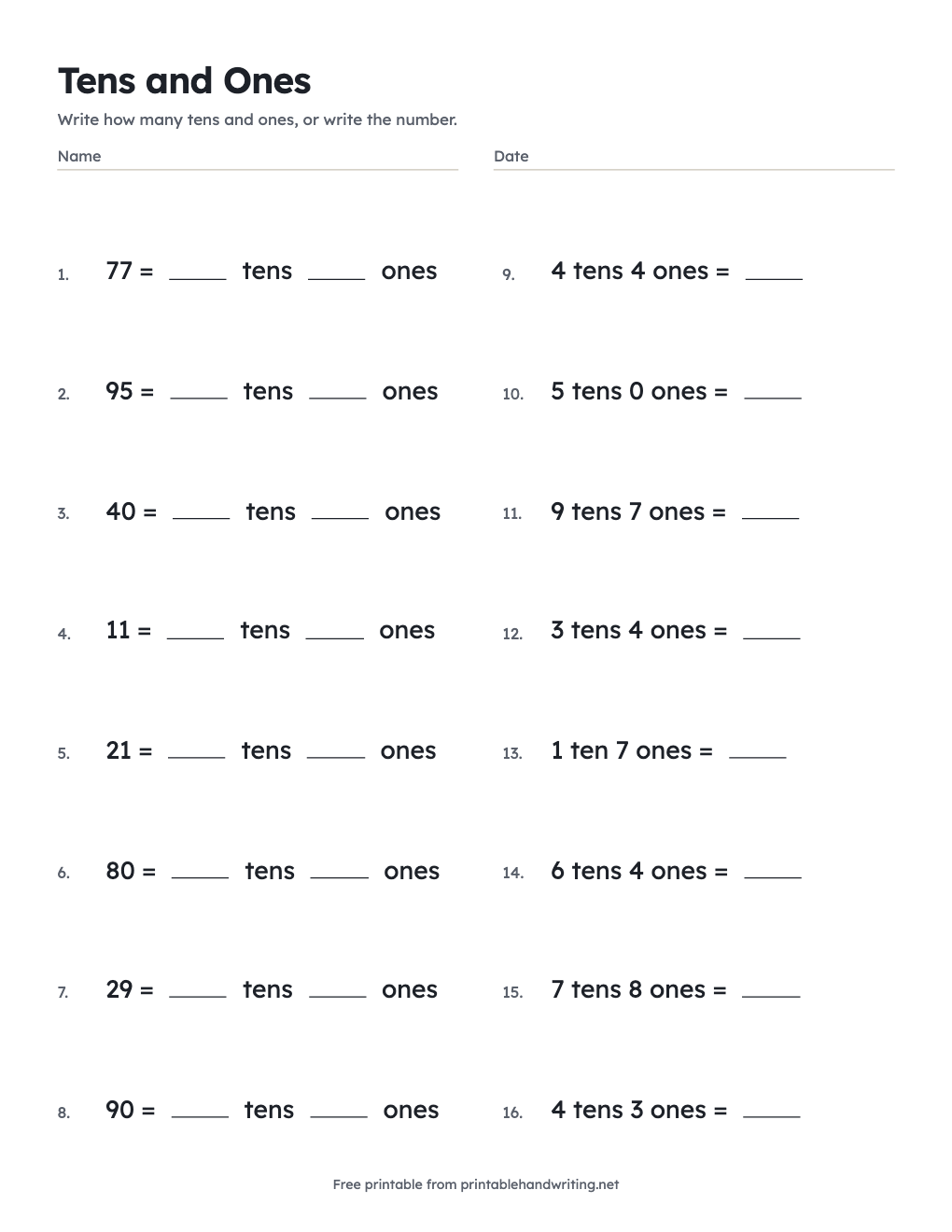 Tens and Ones: free printable chart