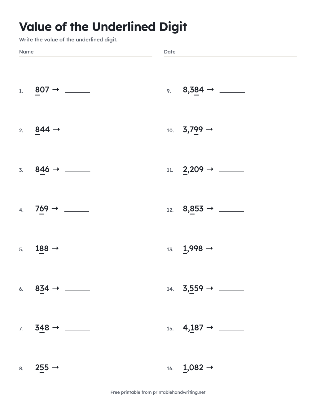 Value of the Underlined Digit: free printable chart
