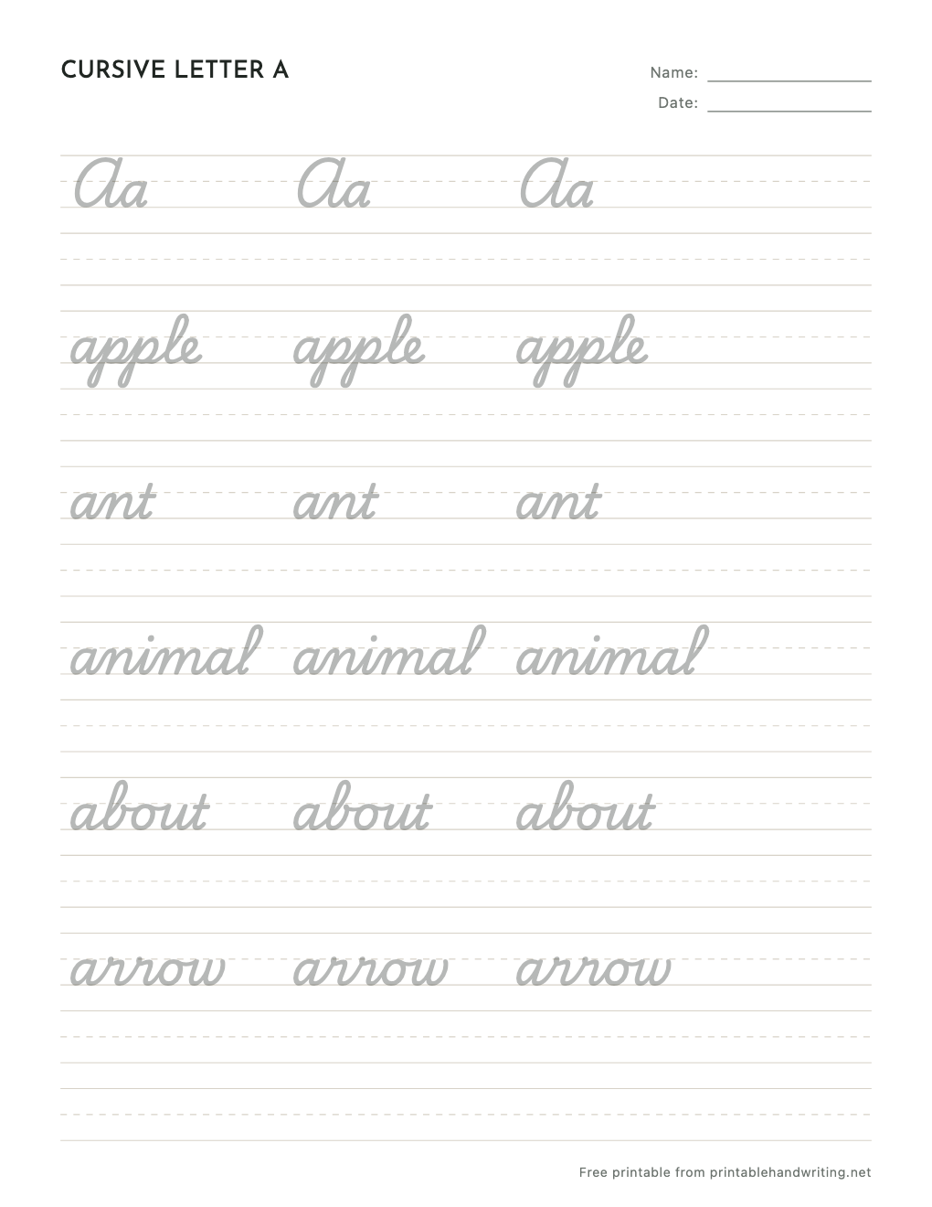 Cursive Letter A Worksheets: free printable sample sheet