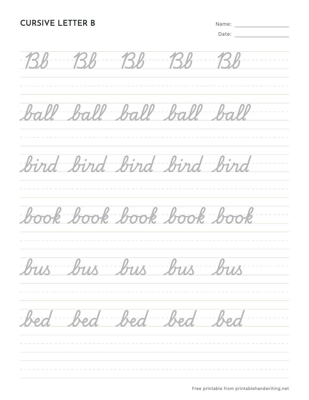 Cursive Letter B Worksheets: free printable sample sheet