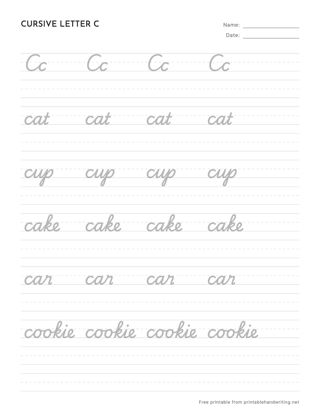 Cursive Letter C Worksheets: free printable sample sheet