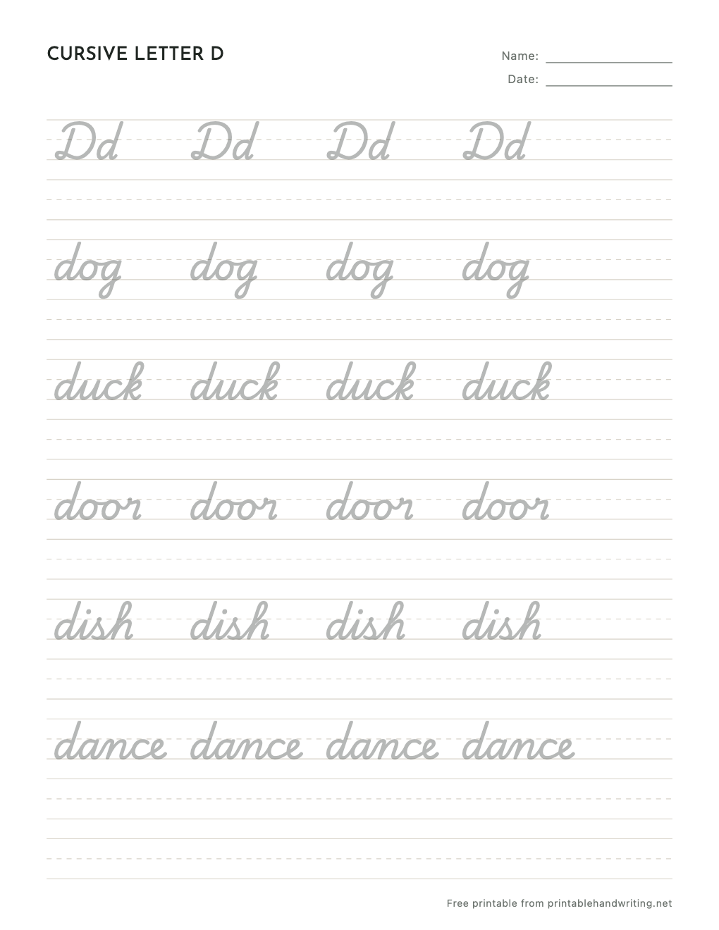 Cursive Letter D Worksheets: free printable sample sheet