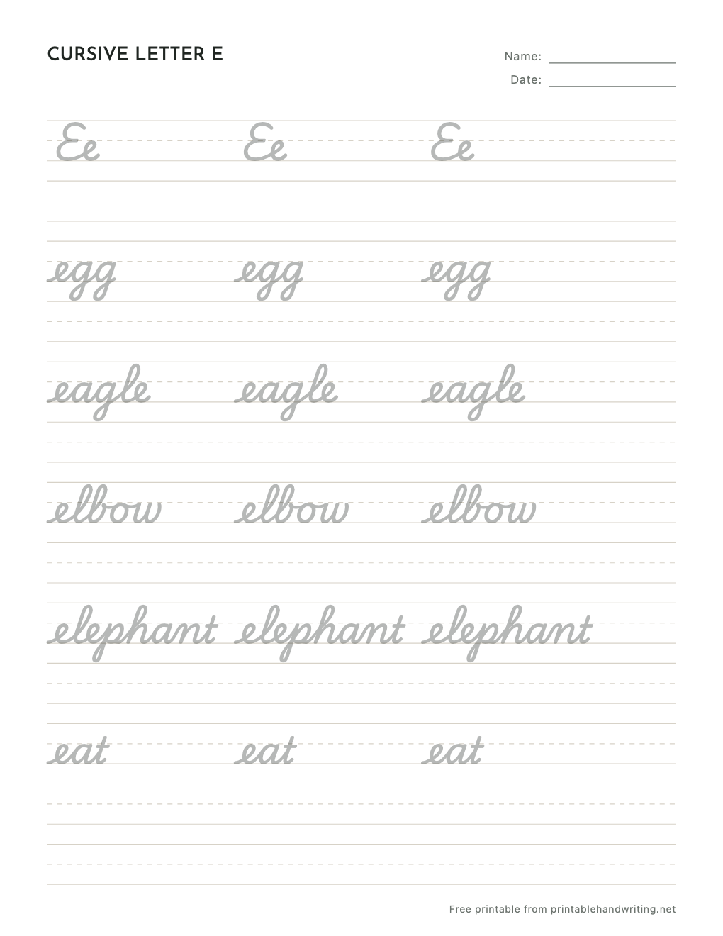 Cursive Letter E Worksheets: free printable sample sheet