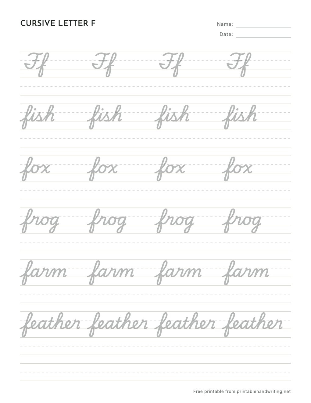 Cursive Letter F Worksheets: free printable sample sheet