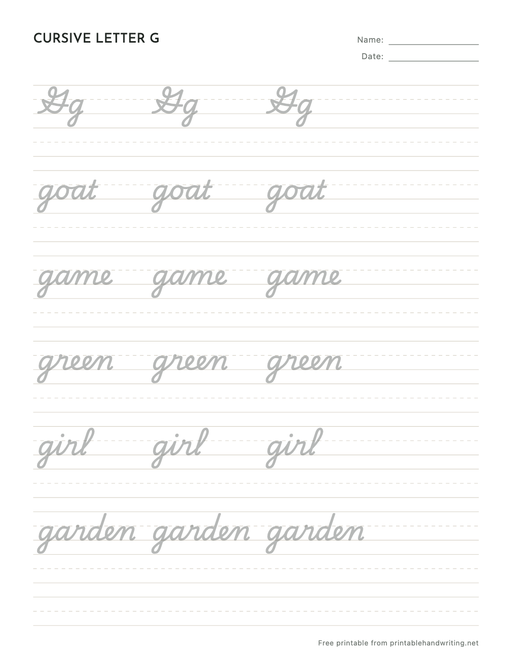 Cursive Letter G Worksheets: free printable sample sheet