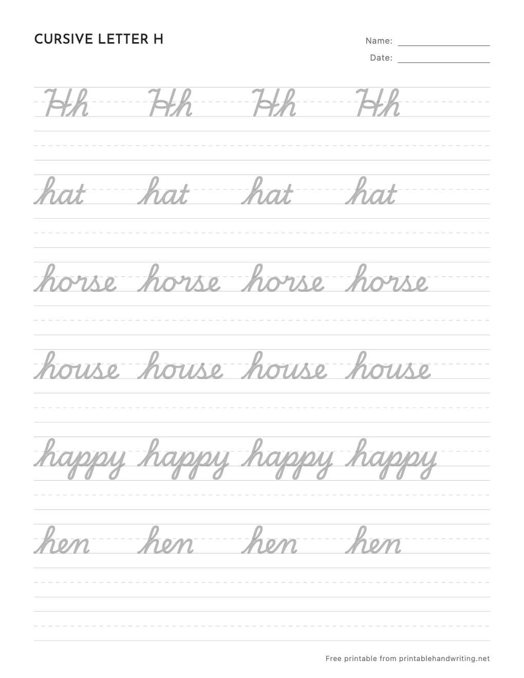 Cursive Letter H Worksheets: free printable sample sheet
