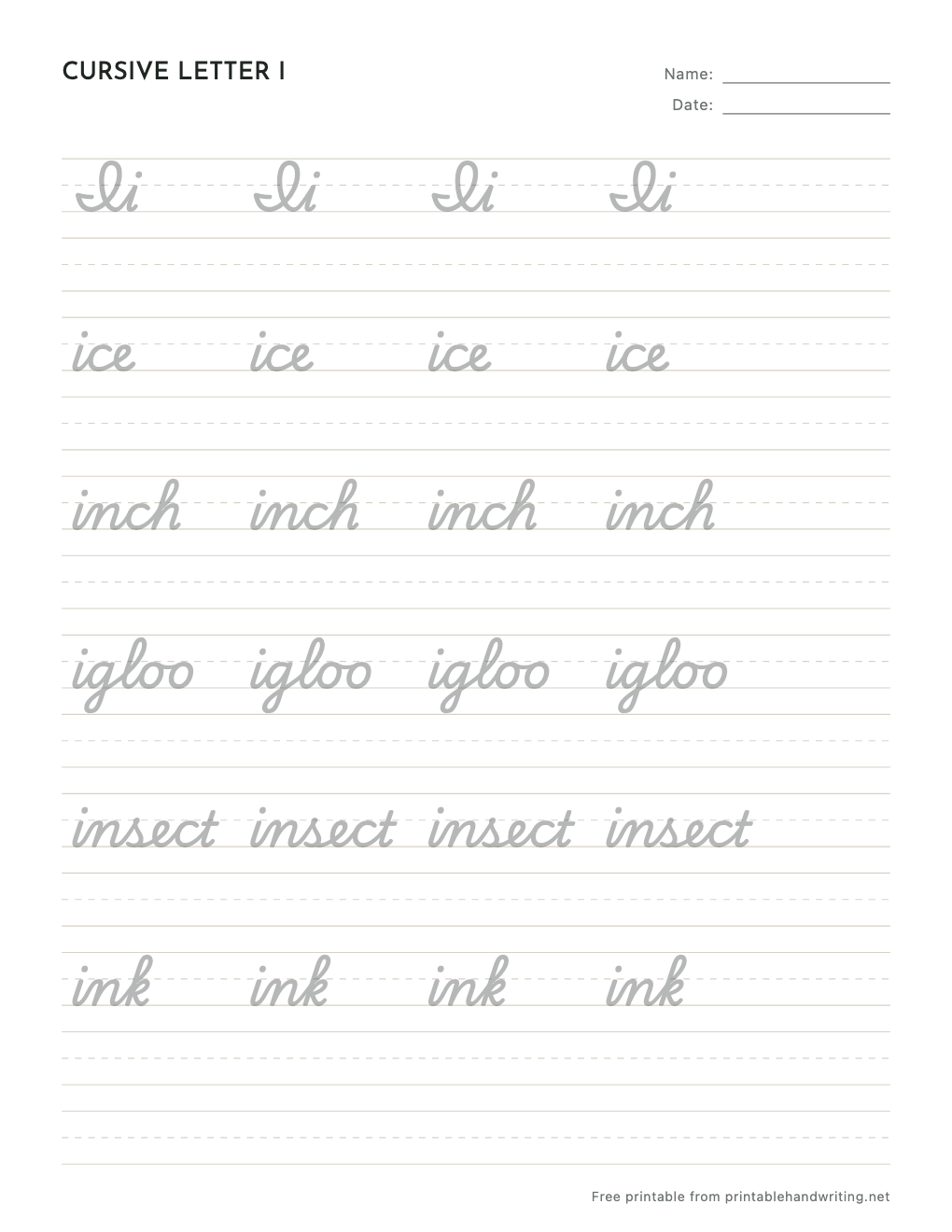 Cursive Letter I Worksheets: free printable sample sheet