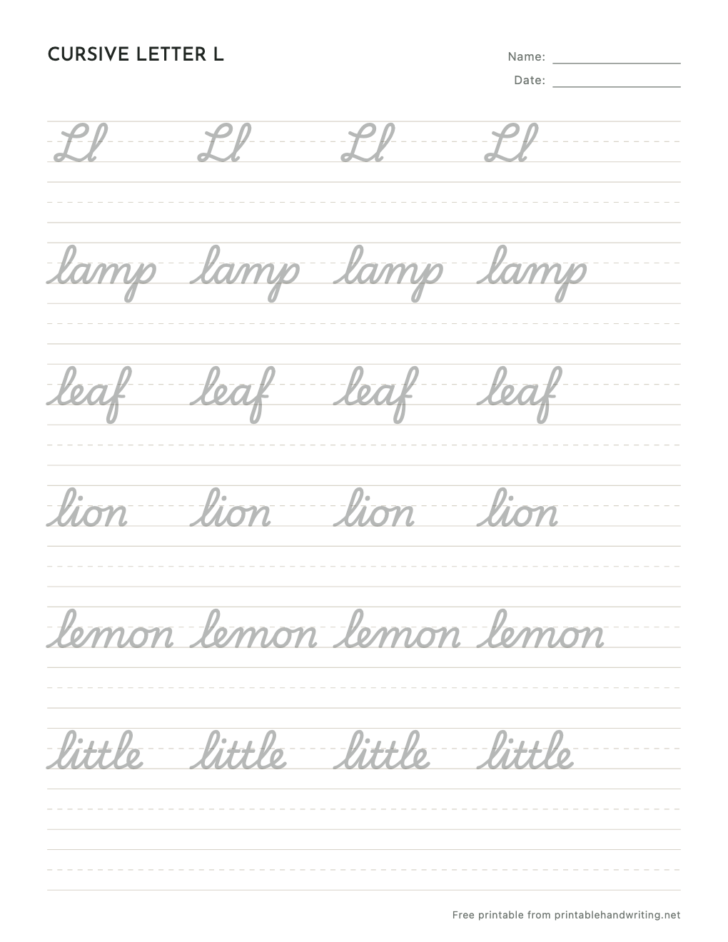 Cursive Letter L Worksheets: free printable sample sheet