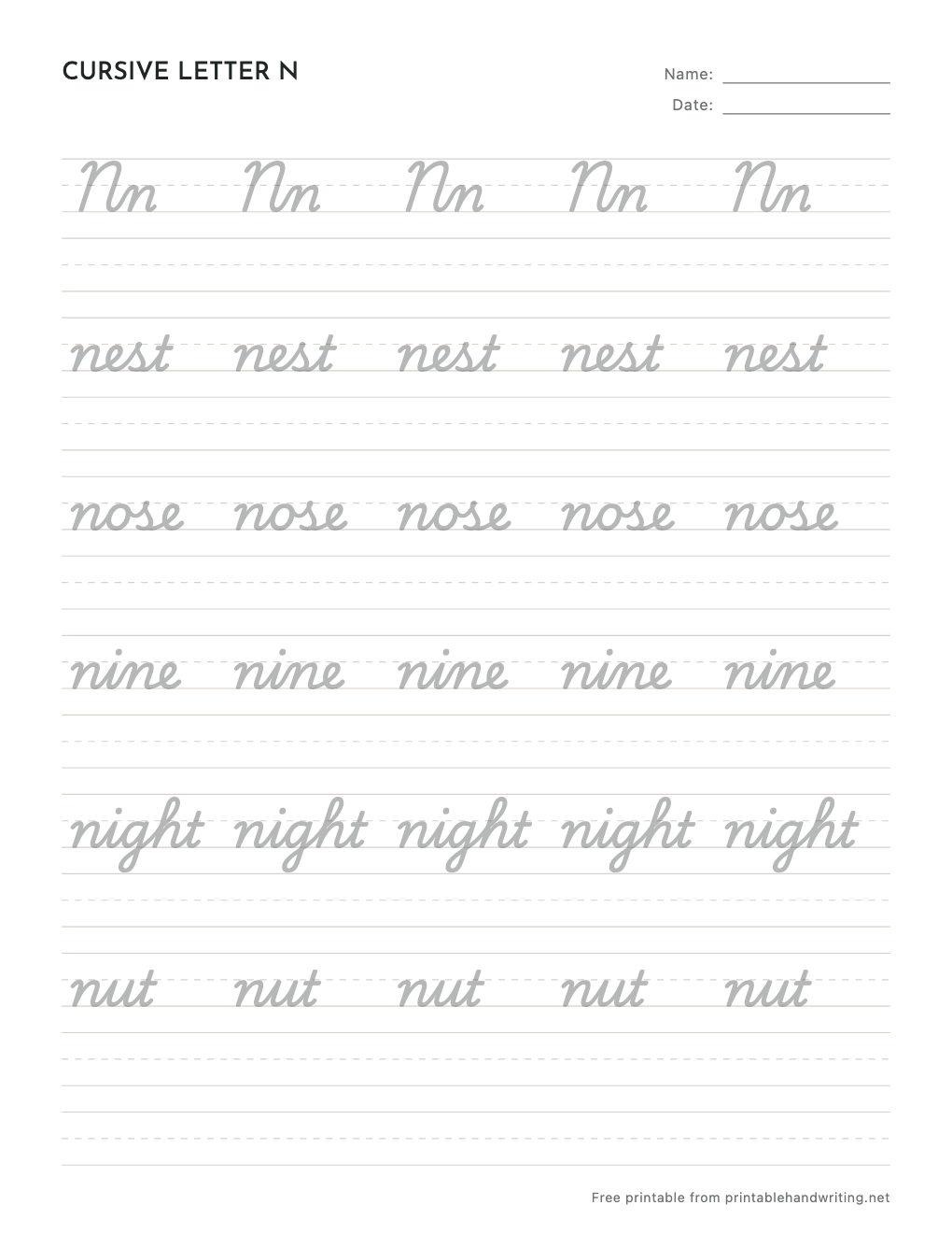 Cursive Letter N Worksheets: free printable sample sheet