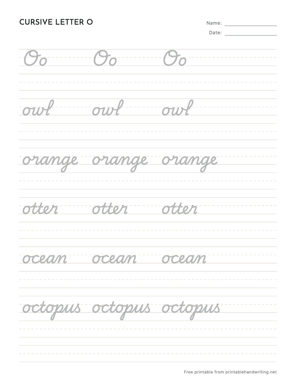 Cursive Letter O Worksheets: free printable sample sheet