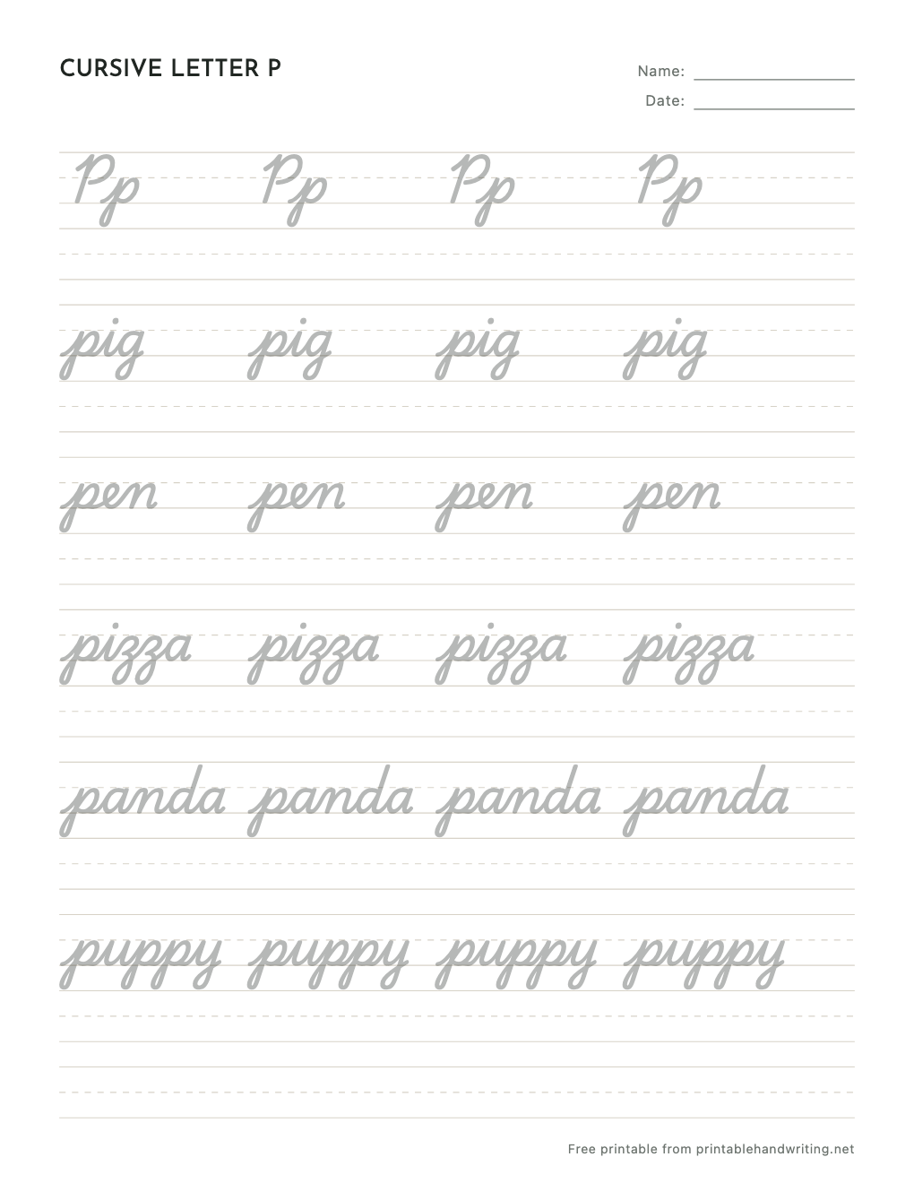 Cursive Letter P Worksheets: free printable sample sheet