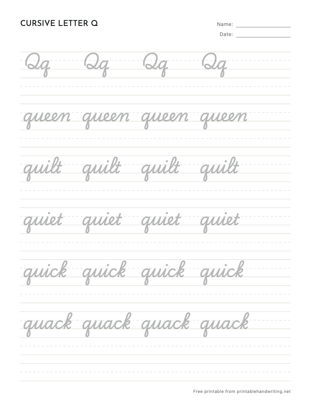 Cursive Letter Q Worksheets: free printable sample sheet