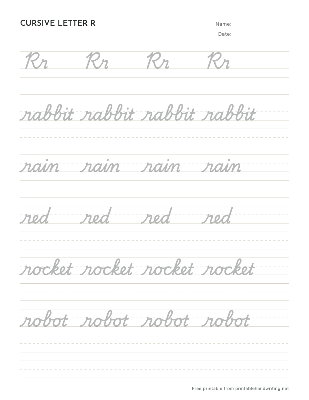 Cursive Letter R Worksheets: free printable sample sheet