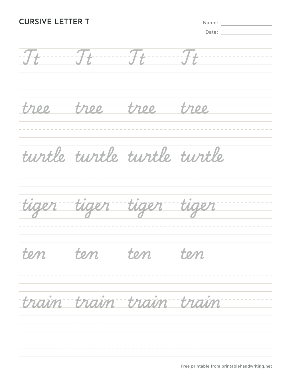 Cursive Letter T Worksheets: free printable sample sheet