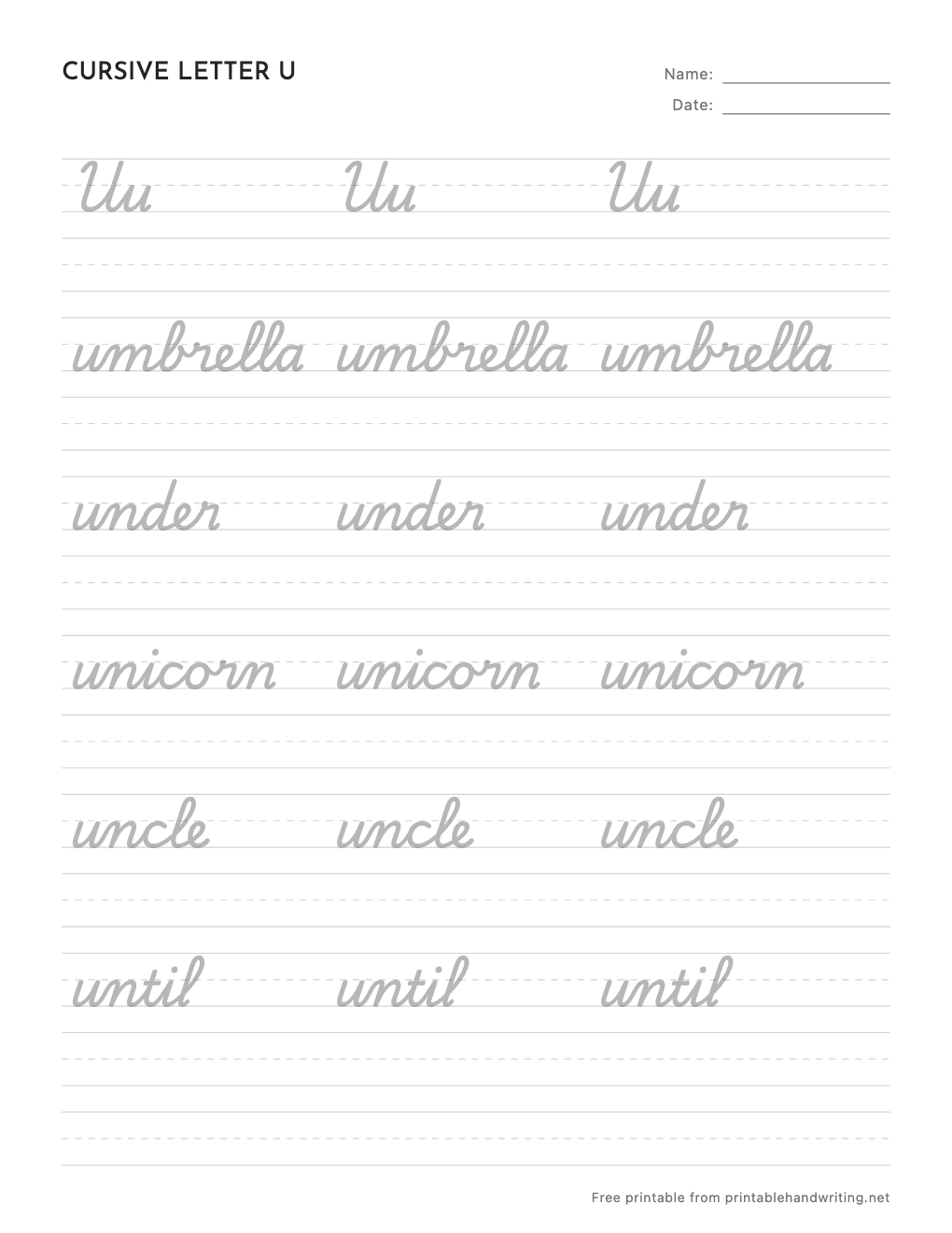Cursive Letter U Worksheets: free printable sample sheet