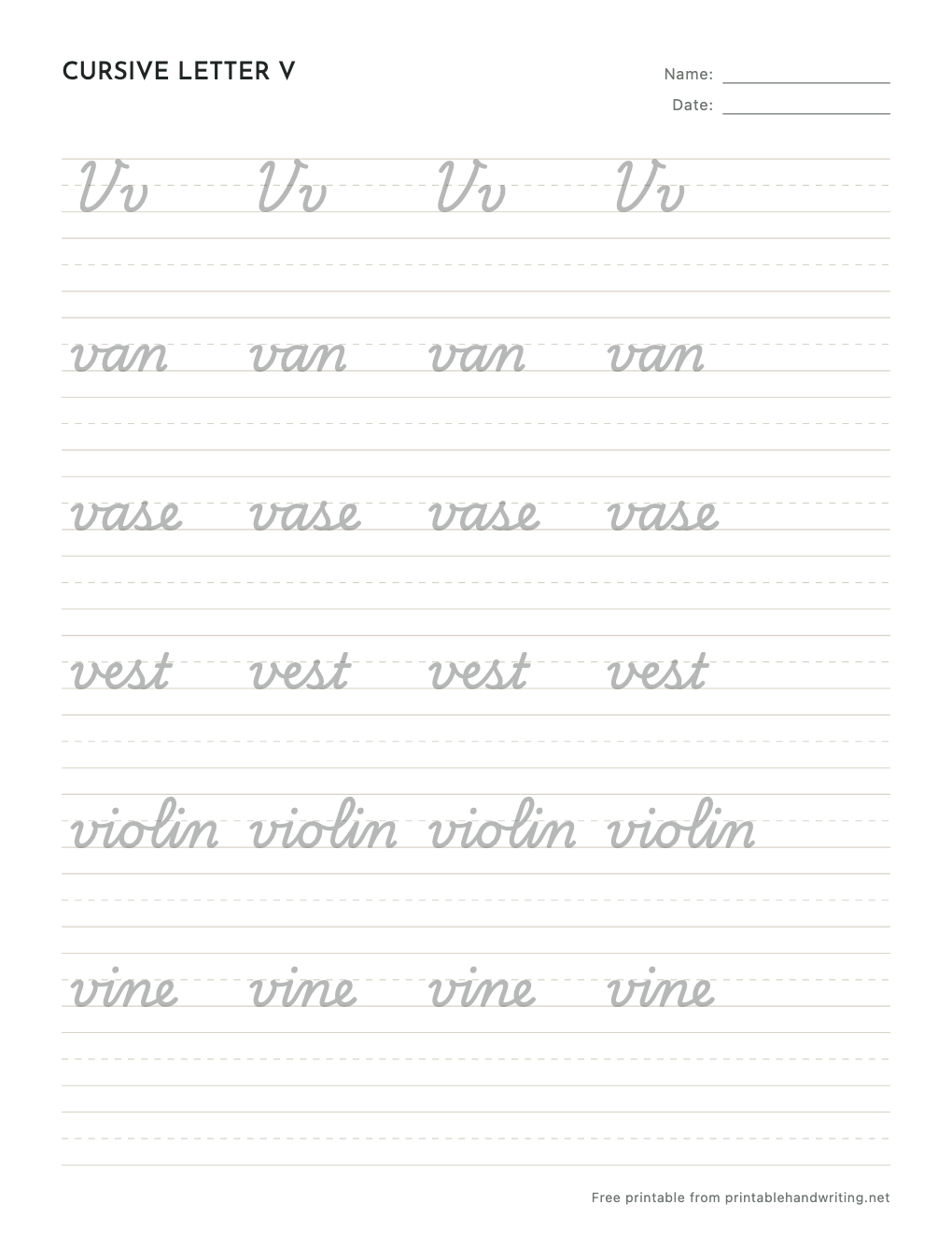 Cursive Letter V Worksheets: free printable sample sheet