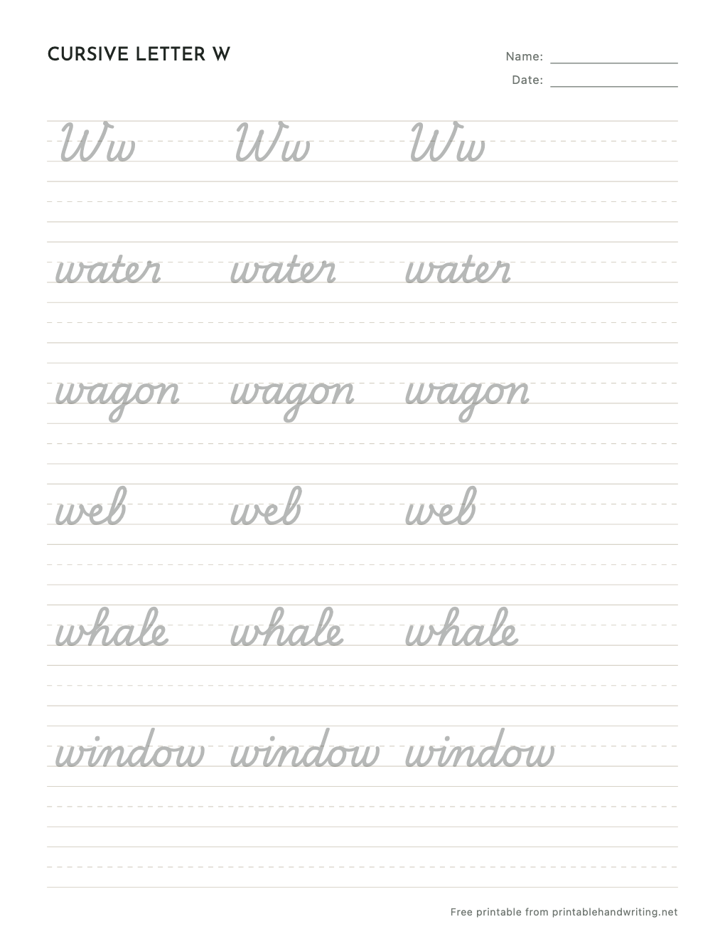 Cursive Letter W Worksheets: free printable sample sheet