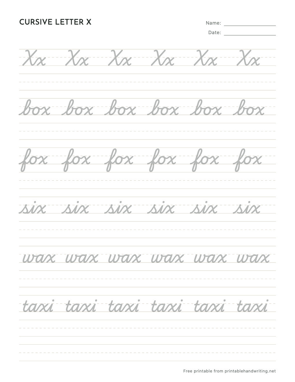 Cursive Letter X Worksheets: free printable sample sheet