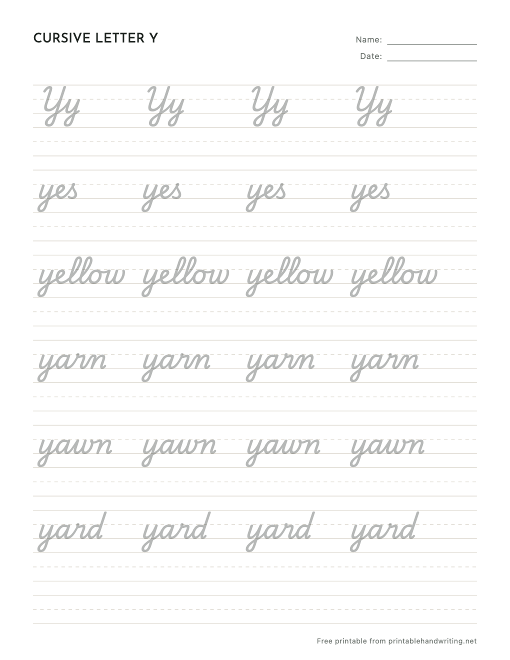 Cursive Letter Y Worksheets: free printable sample sheet