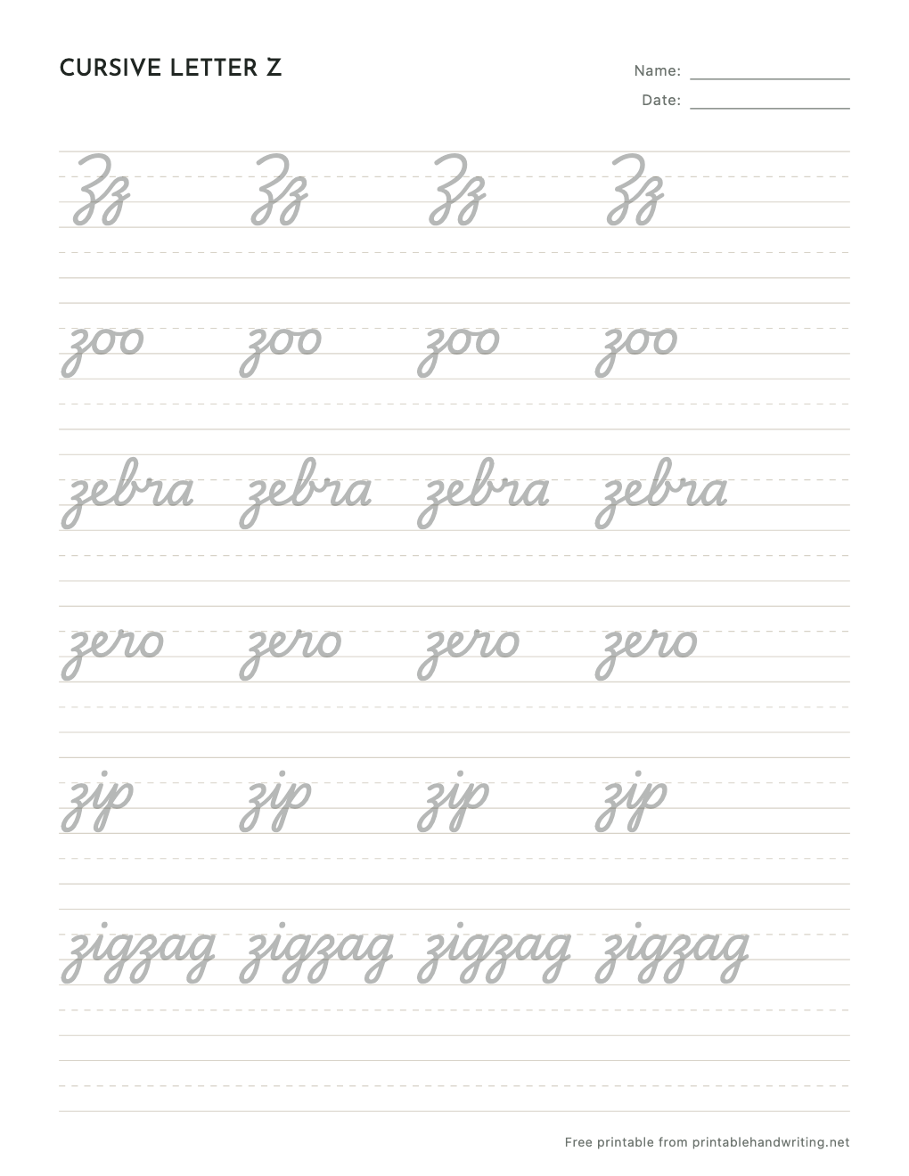 Cursive Letter Z Worksheets: free printable sample sheet