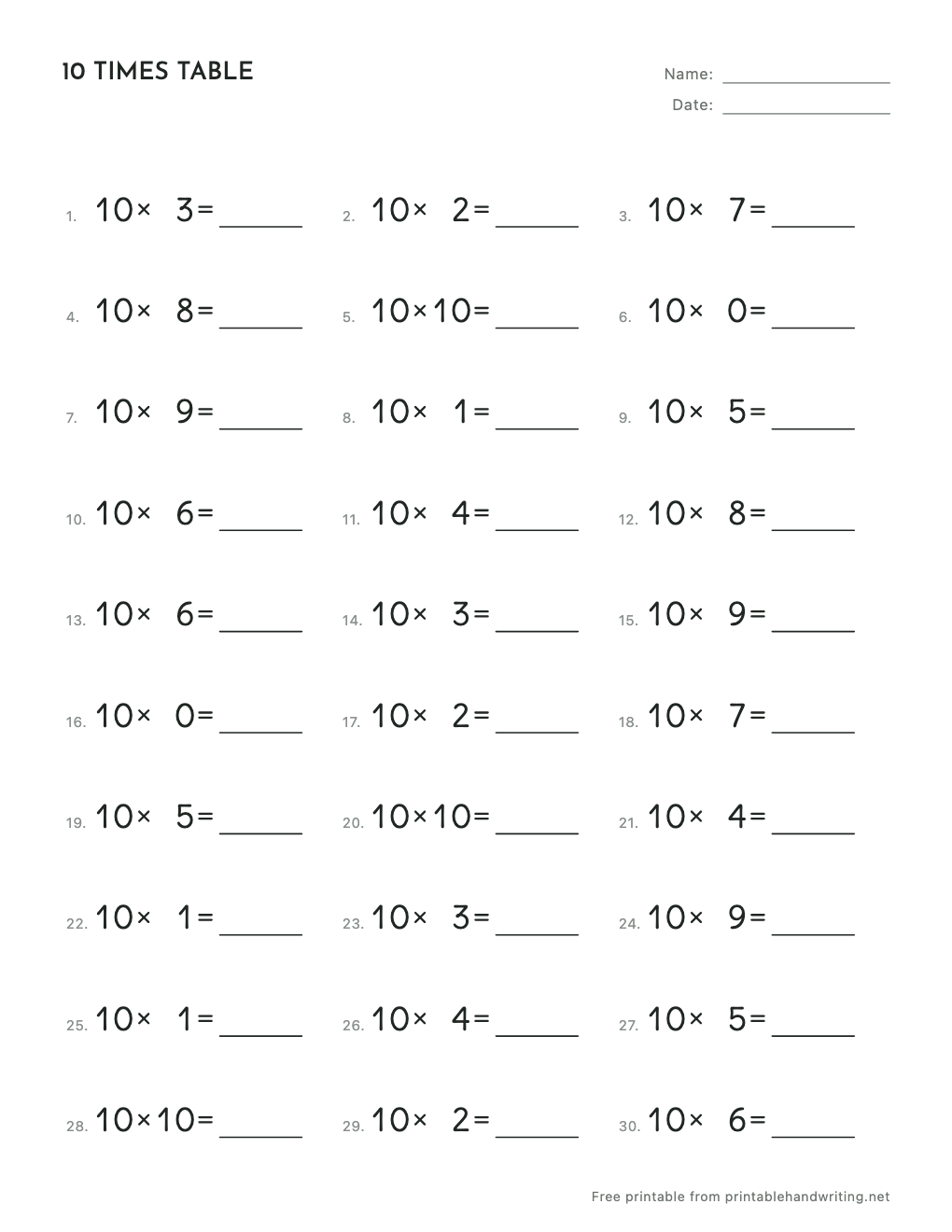 10 Times Table Worksheets: free printable sample sheet