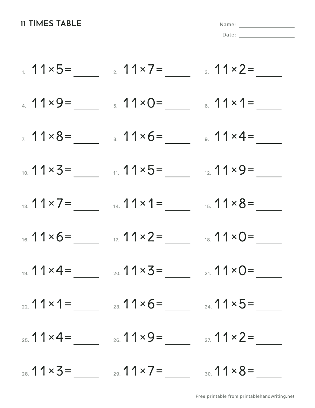 11 Times Table Worksheets: free printable sample sheet