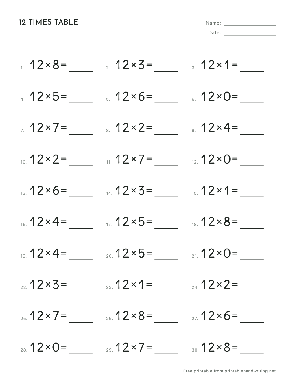 12 Times Table Worksheets: free printable sample sheet