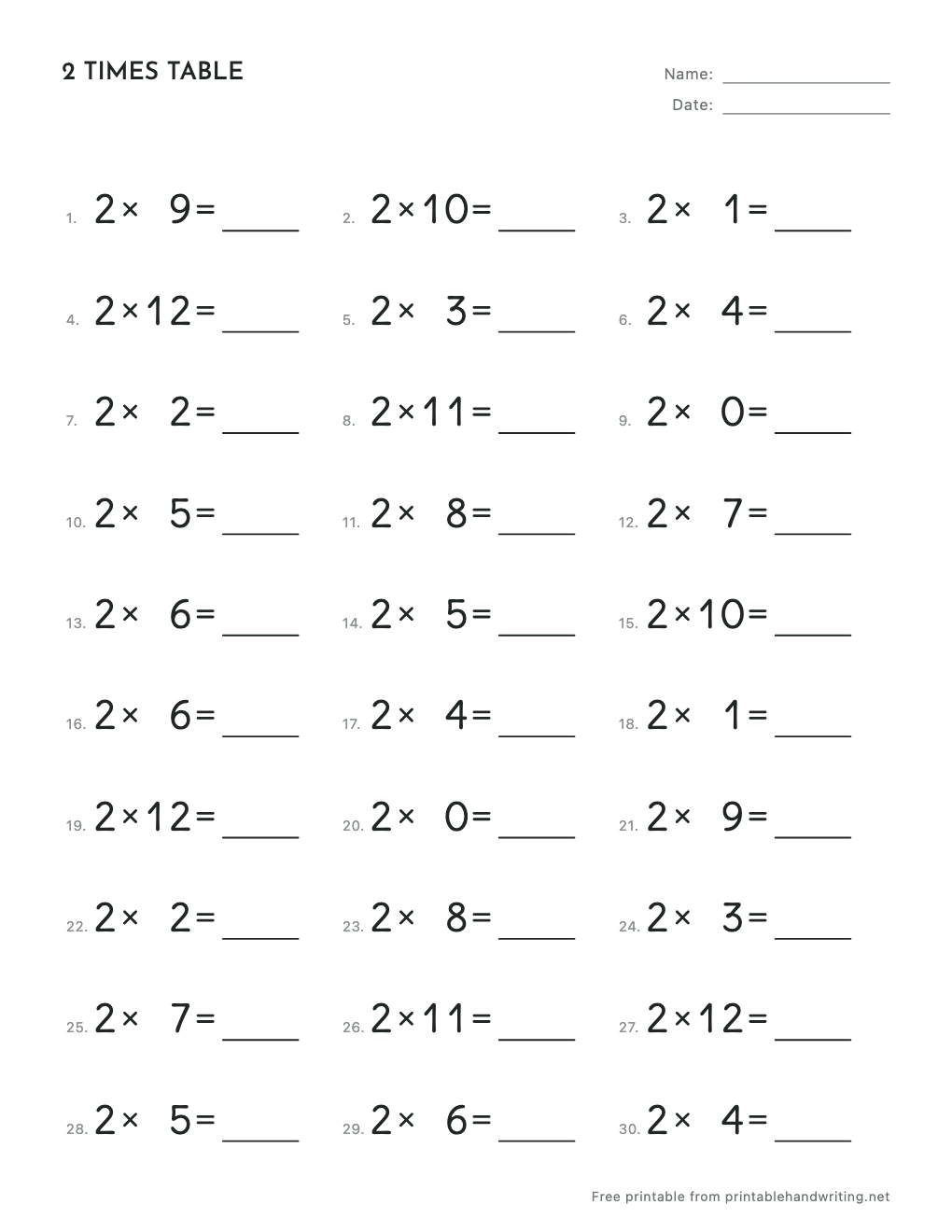 2 Times Table Worksheets: free printable sample sheet