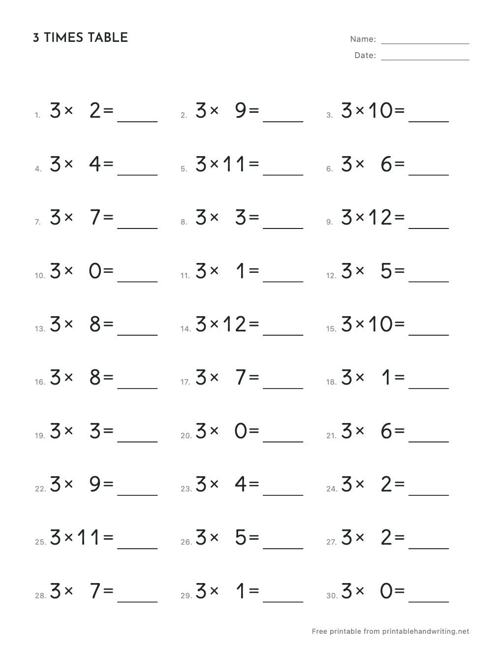 3 Times Table Worksheets: free printable sample sheet