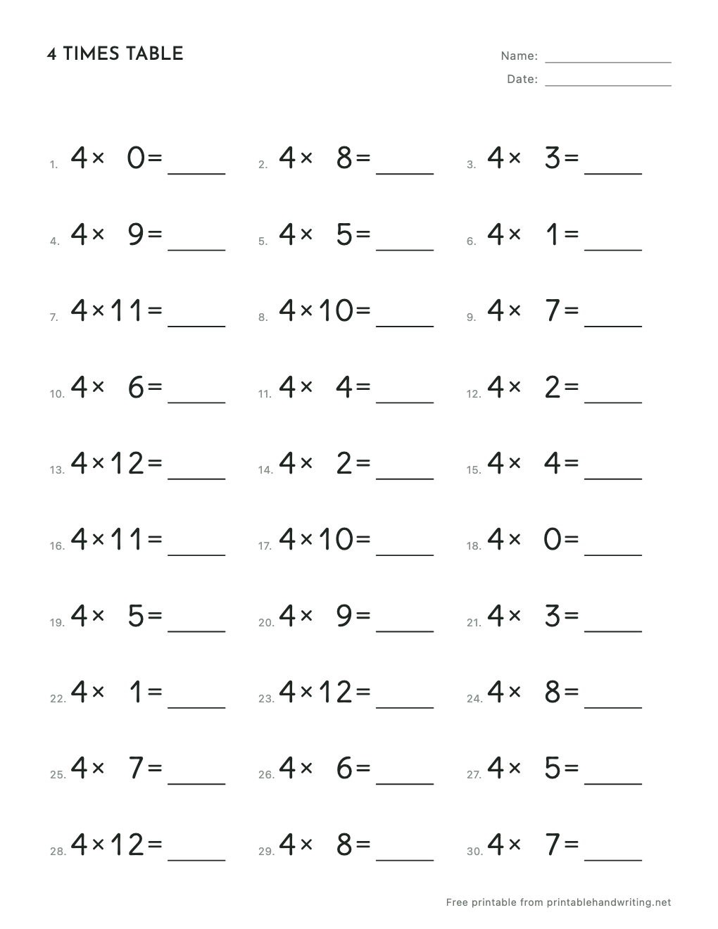 4 Times Table Worksheets: free printable sample sheet