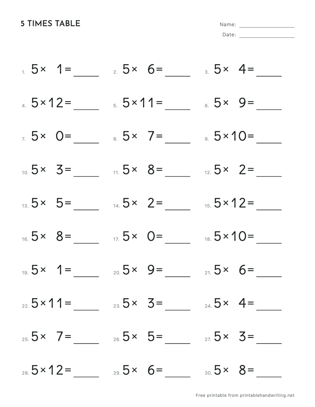 5 Times Table Worksheets: free printable sample sheet