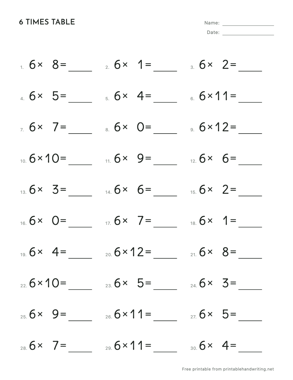 6 Times Table Worksheets: free printable sample sheet