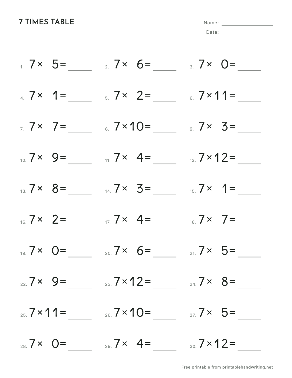 7 Times Table Worksheets: free printable sample sheet