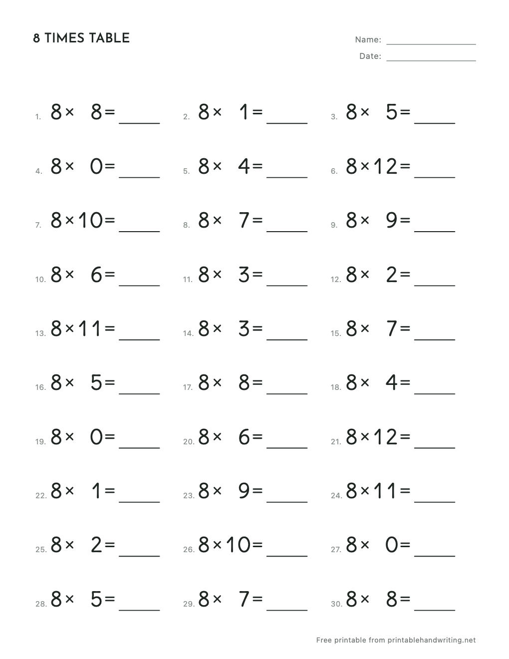 8 Times Table Worksheets: free printable sample sheet