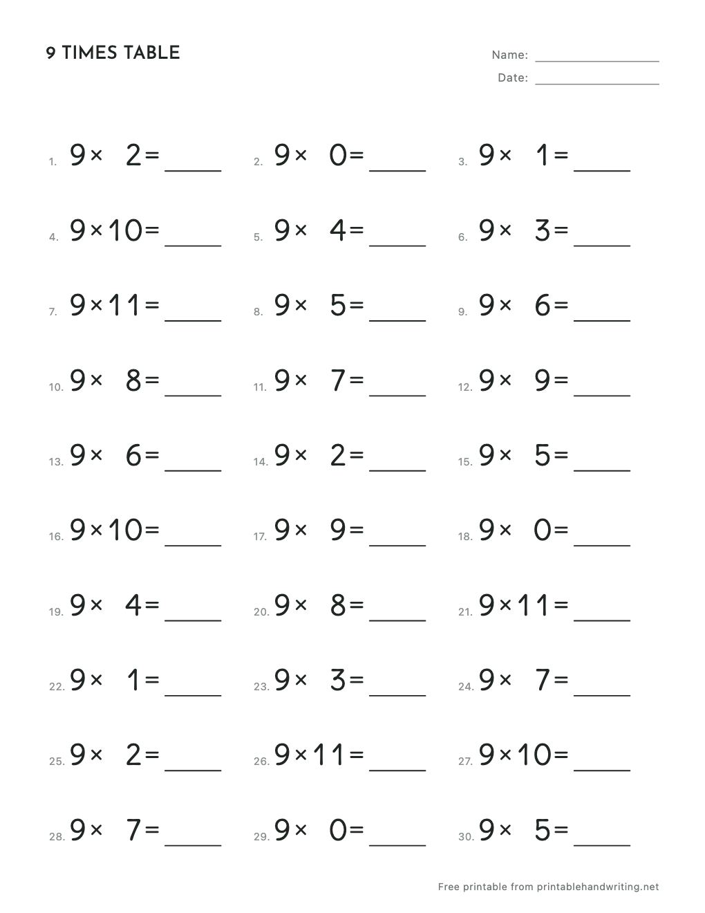 9 Times Table Worksheets: free printable sample sheet